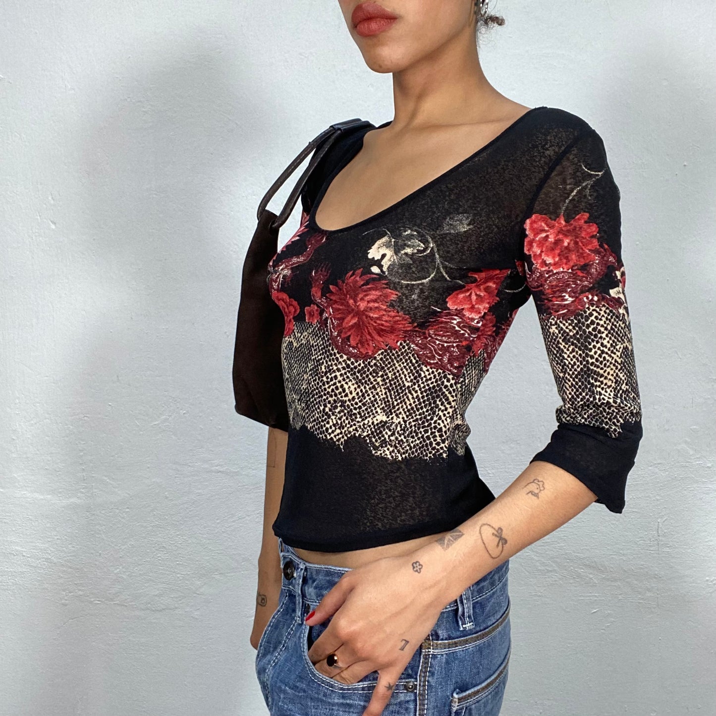 Vintage 2000's Romantic Black Midi Sleeve Top with Rose and Snake Skin Print (S)