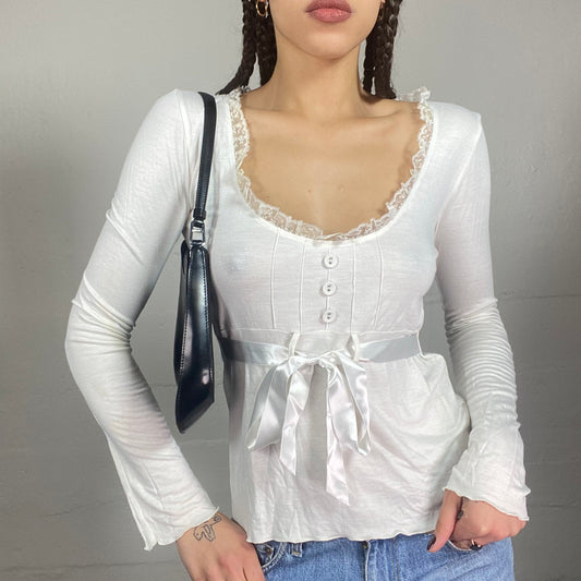Vintage 2000's Soft Girl White Longsleeve Top with Satin Lace Up Trim Detail (S)