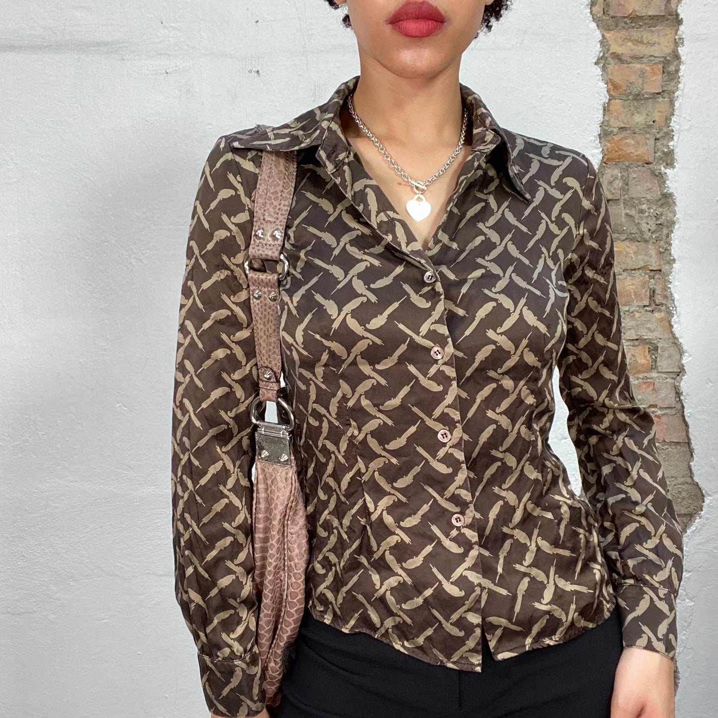 Vintage 90's Classic Brown Button Up with Feather Print and Tie in the Collar (S)