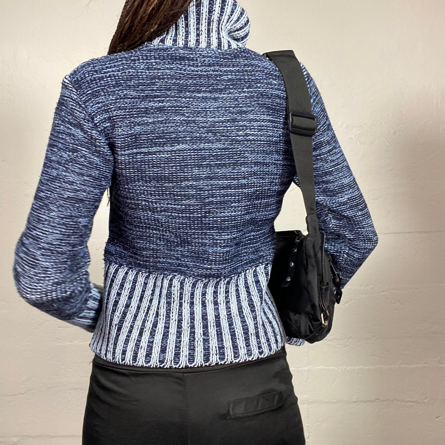 Vintage 90's Downtown Blue Knit Turtle Neck Sweater with Double Coloured Part and Ribbed Details (S/M)