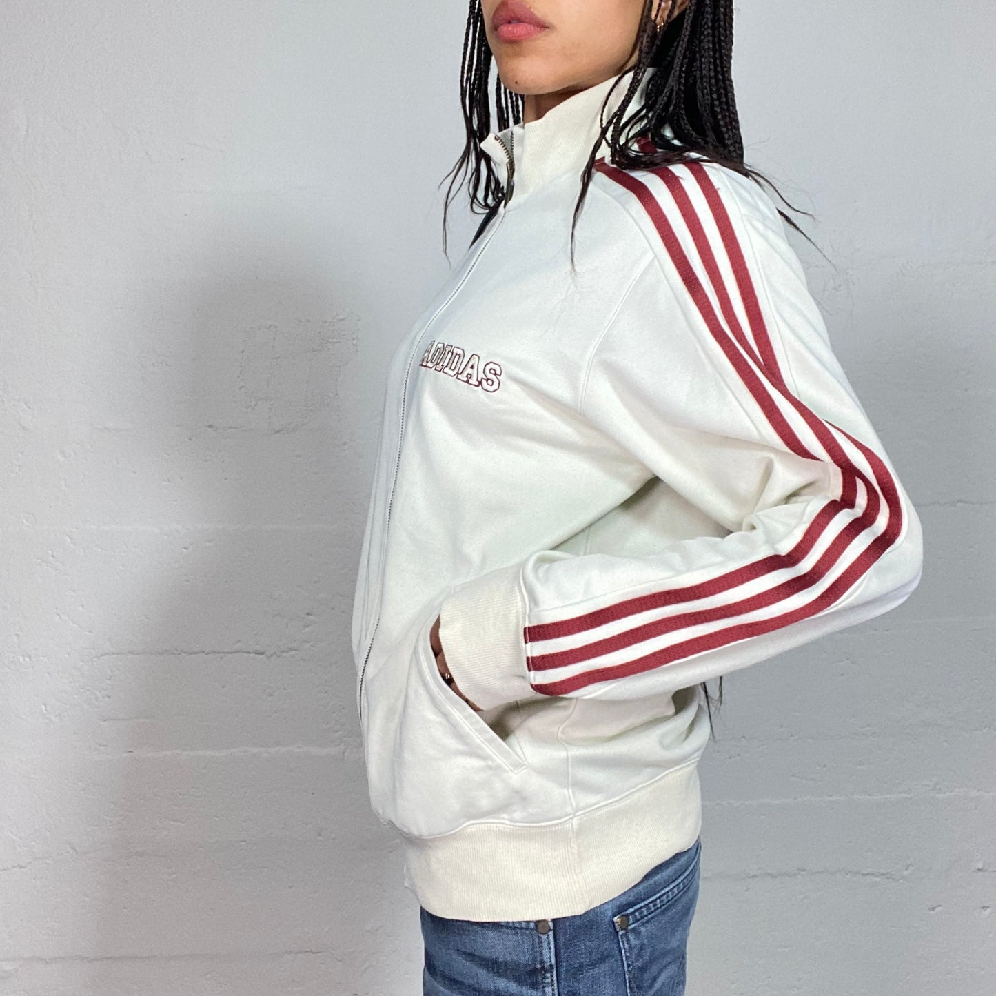 Vintage 2000's Adidas Sporty White Zip Up Sweater with Red Trim and Logo Details (M)