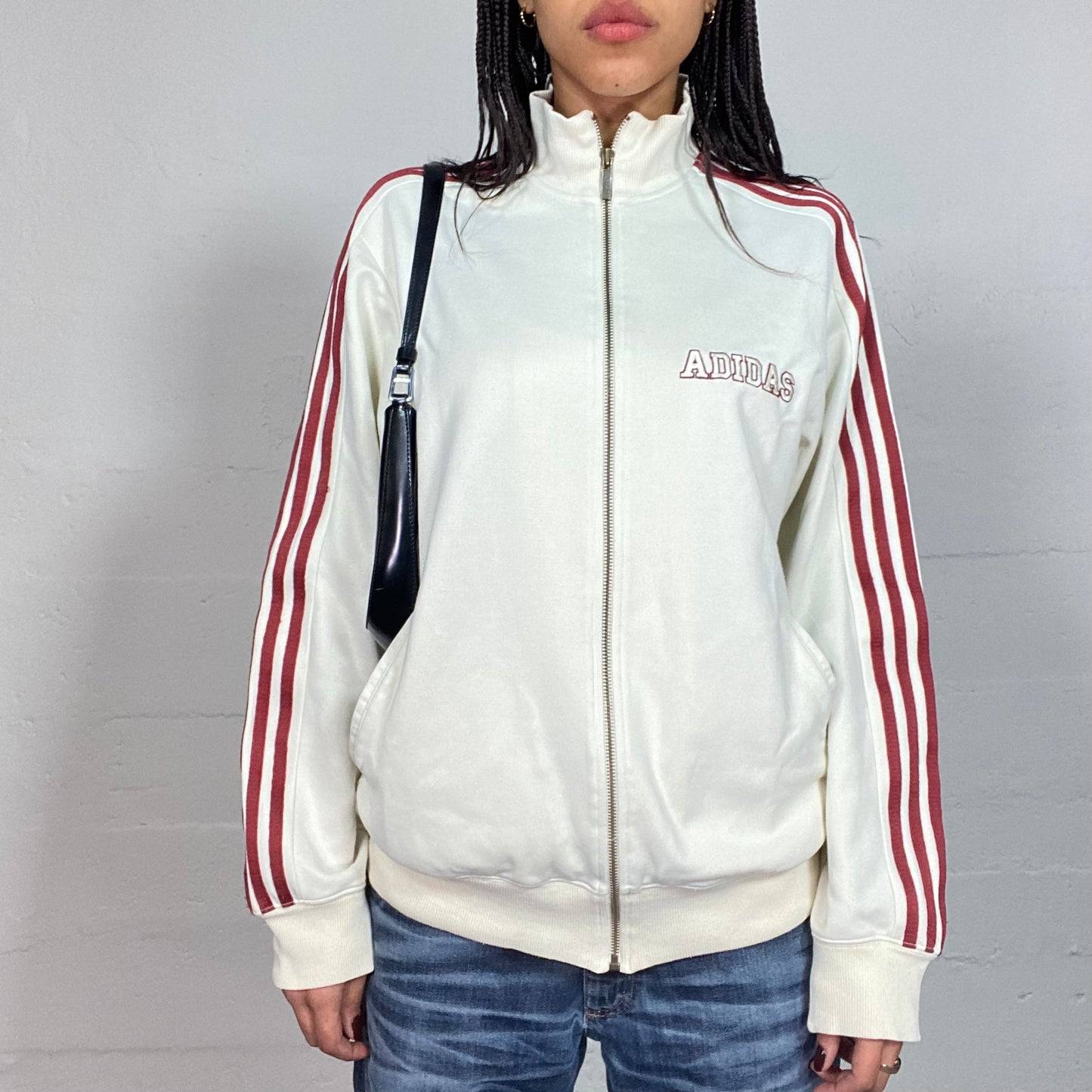 Vintage 2000's Adidas Sporty White Zip Up Sweater with Red Trim and Logo Details (M)