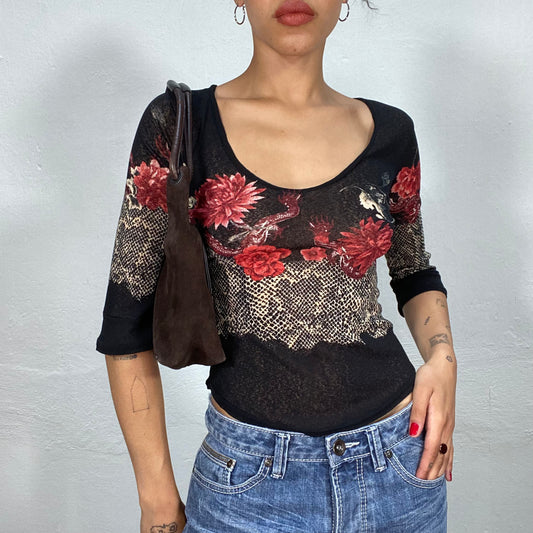 Vintage 2000's Romantic Black Midi Sleeve Top with Rose and Snake Skin Print (S)