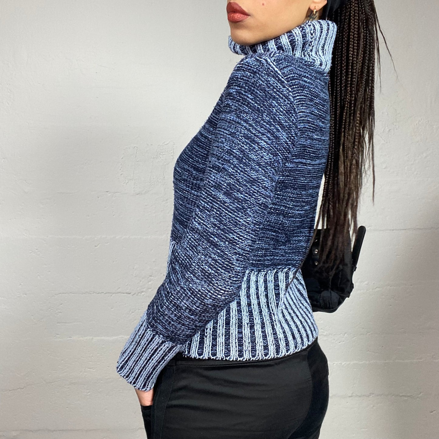 Vintage 90's Downtown Blue Knit Turtle Neck Sweater with Double Coloured Part and Ribbed Details (S/M)