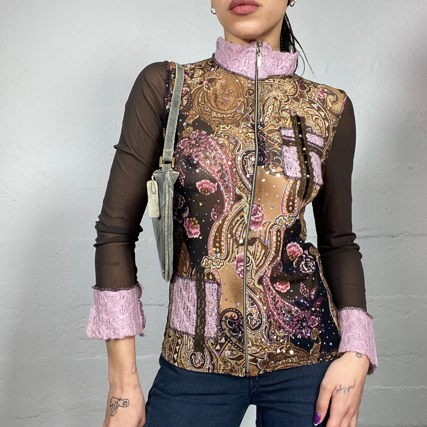 Vintage 2000's Hippie Pink and Brown Zip Up Sweater with Knitted Patches and Floral Print with Strass Detail (S)