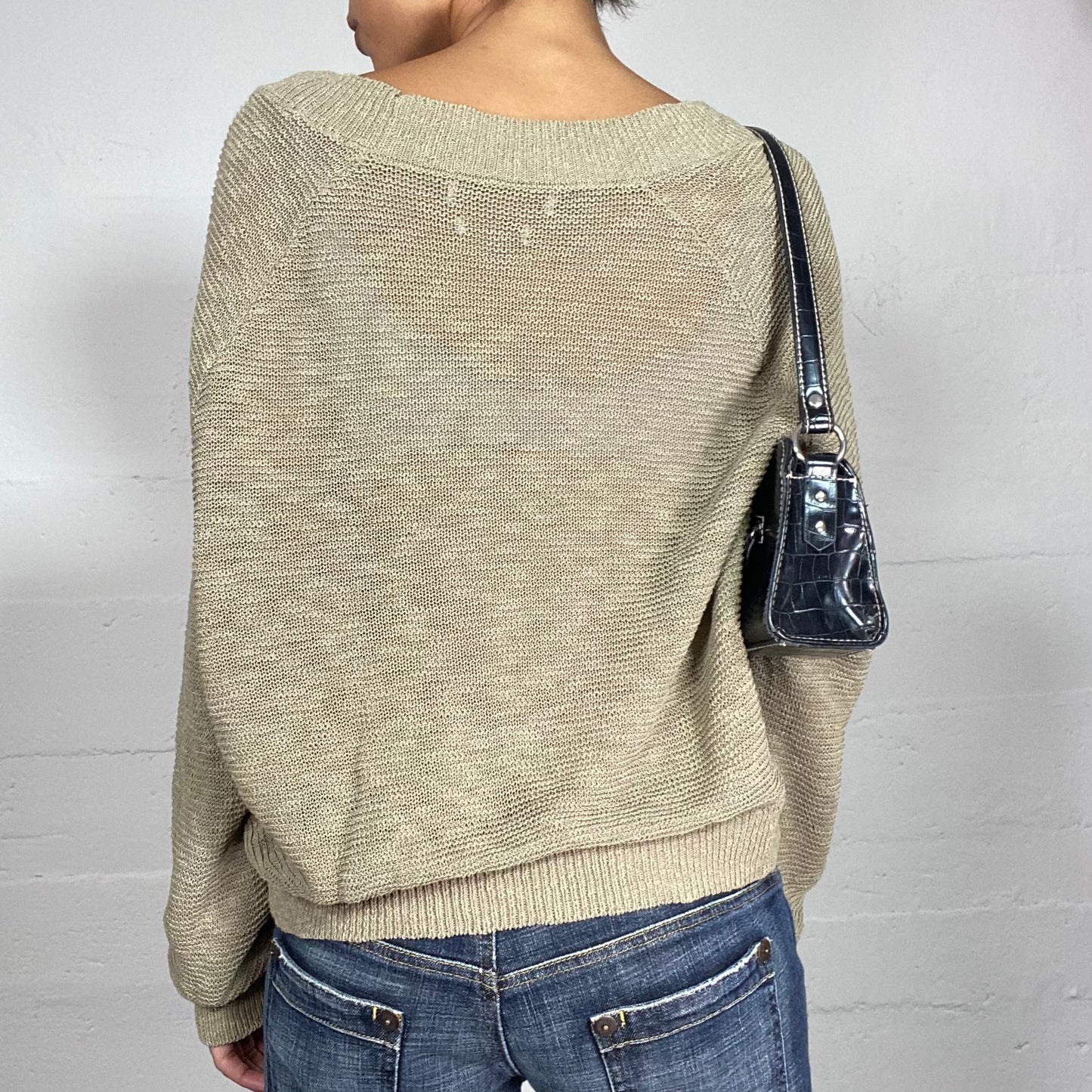 Vintage 2000's Whimsgoth Khaki Knitted Oversized Sweater with V-Neck Detail (S/M)