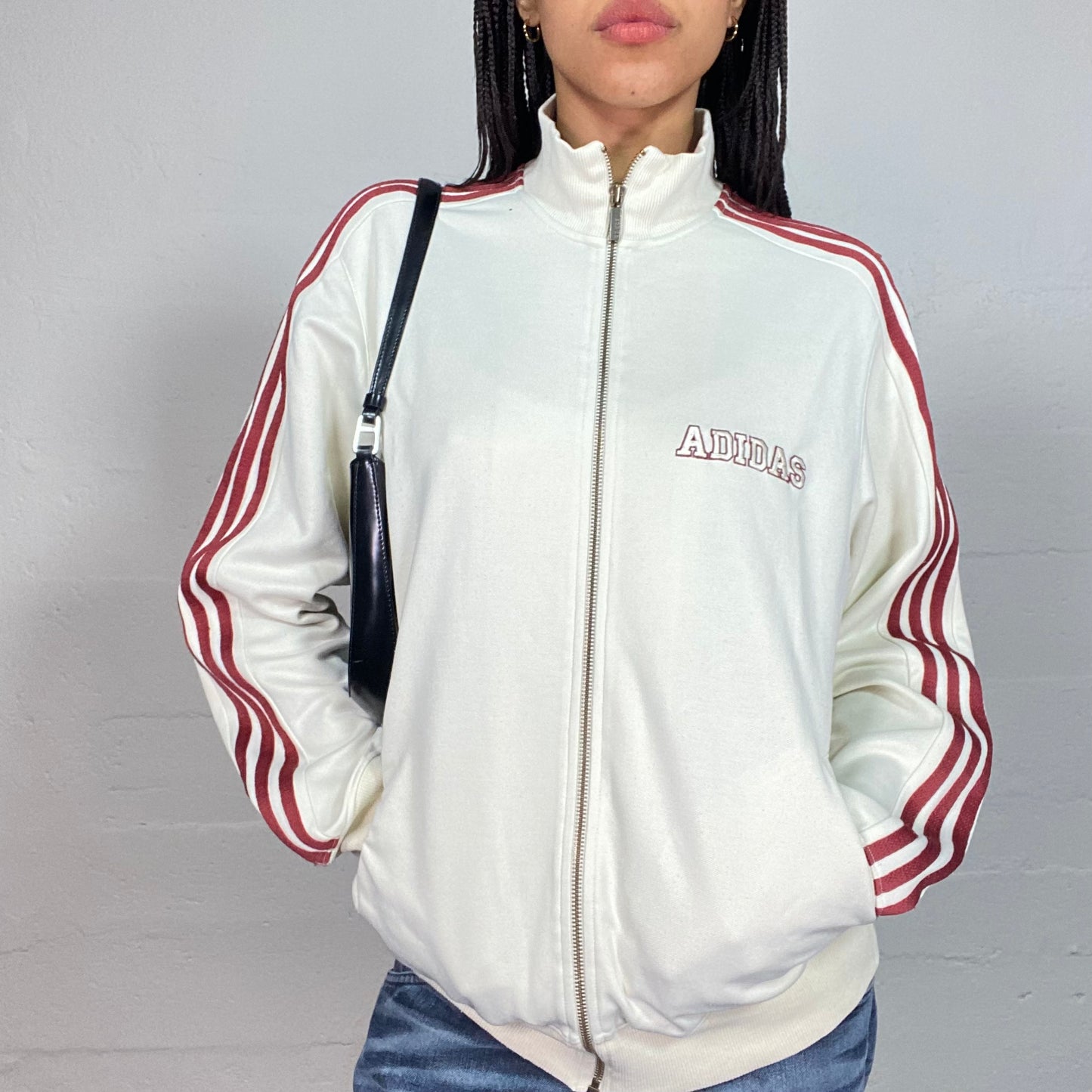 Vintage 2000's Adidas Sporty White Zip Up Sweater with Red Trim and Logo Details (M)