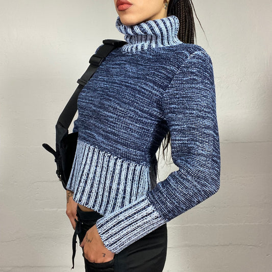 Vintage 90's Downtown Blue Knit Turtle Neck Sweater with Double Coloured Part and Ribbed Details (S/M)