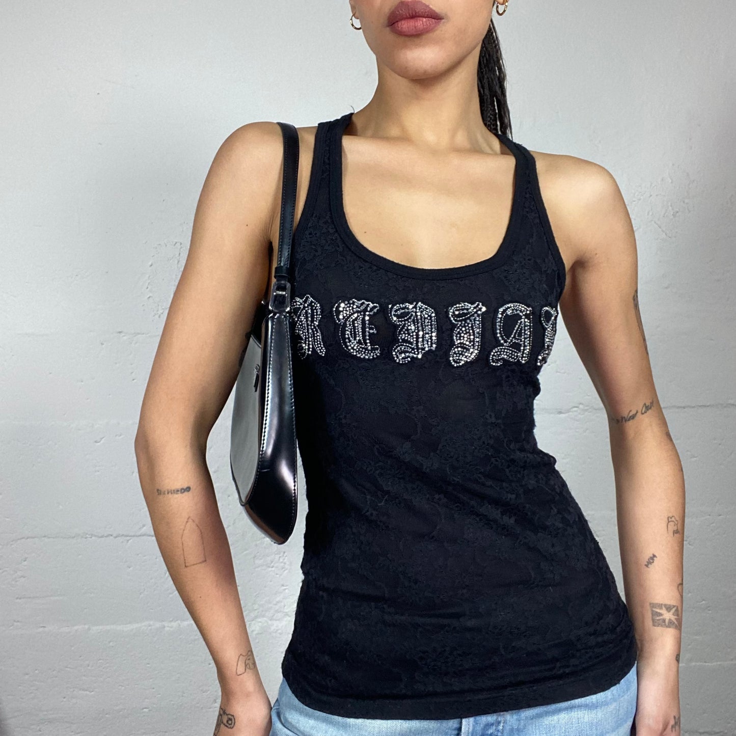 Vintage 2000's Downtown Girl Black Lace Top with Patched Typography Detail (S/M)