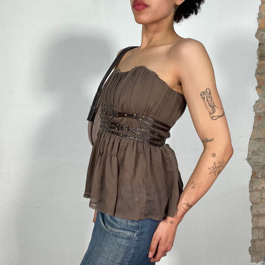 Vintage 2000's Sleaze Brown Staples Corset Top with Ruffle and Faux Leather Waist Detail (S/M)