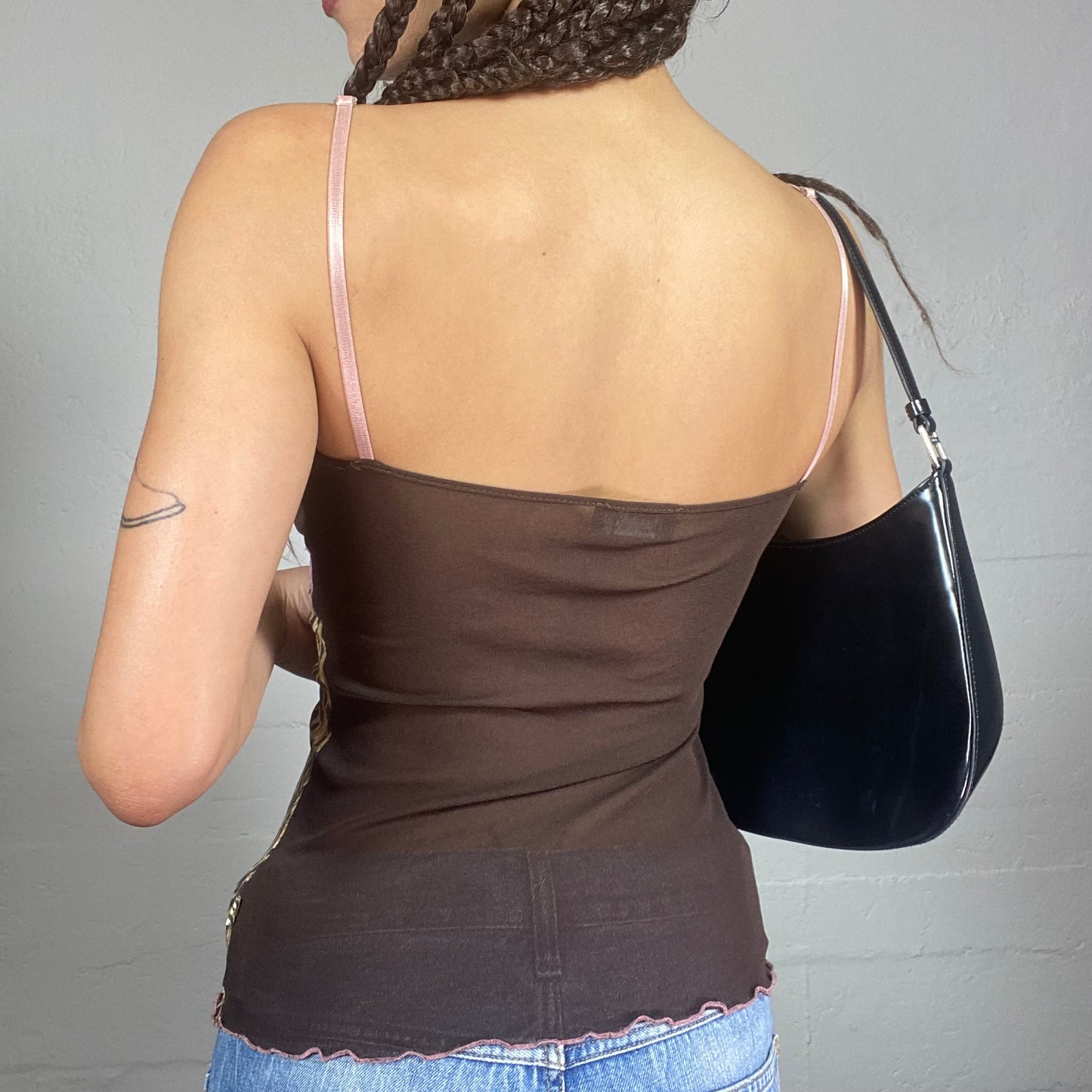 Vintage 2000's Morgan Mob Wife Brown Top with Cheetah Print and Pink Trim Detail (S)
