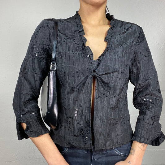Vintage 90's Clubwear Black Lace Up Longsleeve Shirt with Floral Material Setoff & Sequins Detail (M/L)