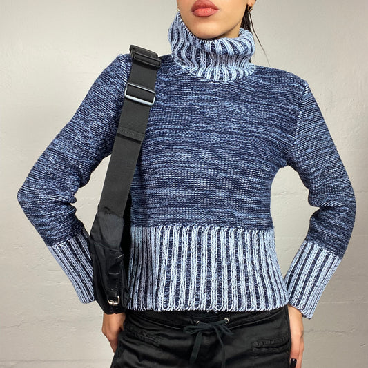 Vintage 90's Downtown Blue Knit Turtle Neck Sweater with Double Coloured Part and Ribbed Details (S/M)