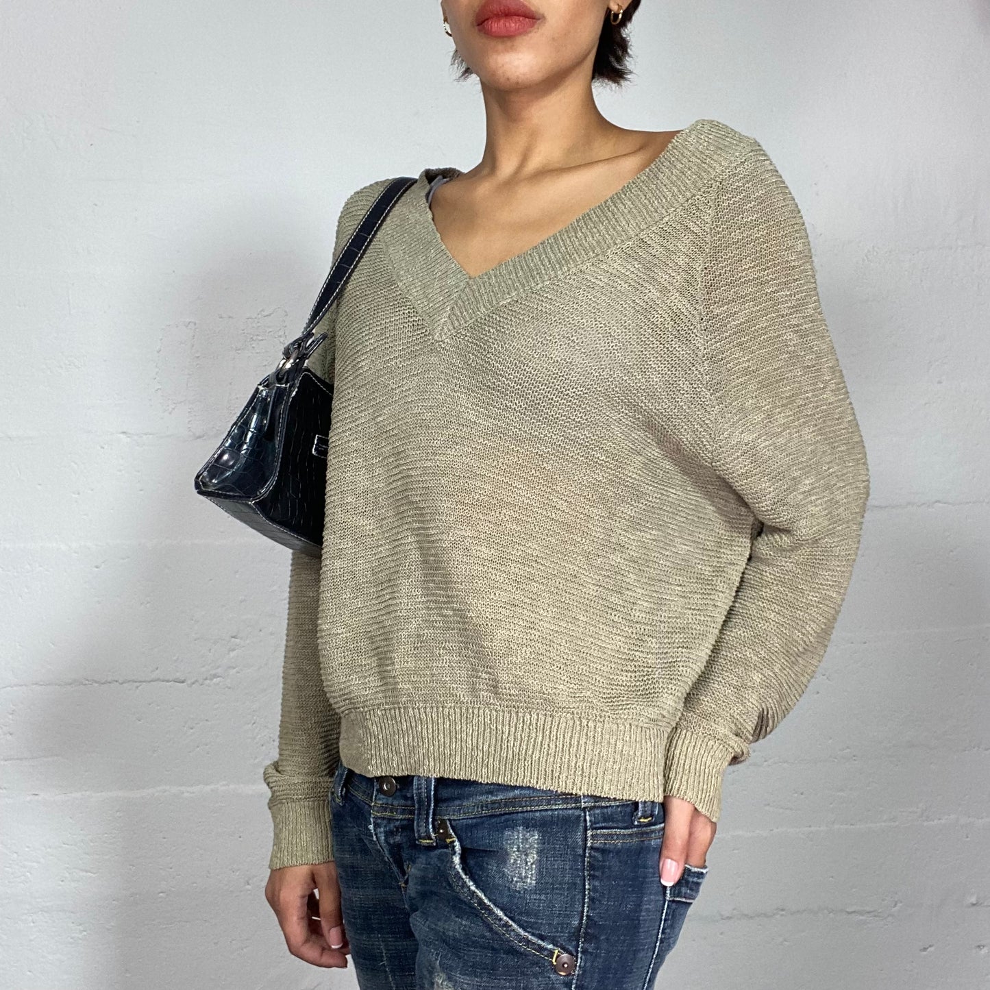 Vintage 2000's Whimsgoth Khaki Knitted Oversized Sweater with V-Neck Detail (S/M)