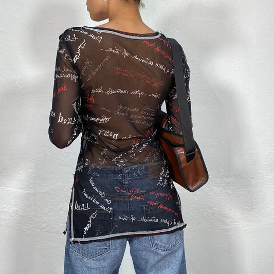 Vintage 2000's Funky Black Long Mesh Top with Writing Print (S/M)