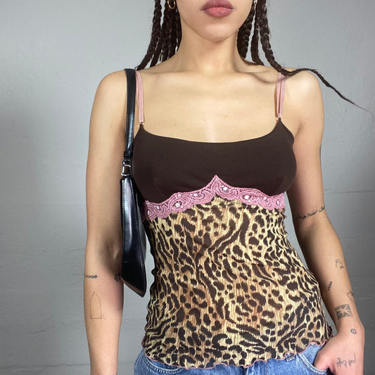 Vintage 2000's Morgan Mob Wife Brown Top with Cheetah Print and Pink Trim Detail (S)
