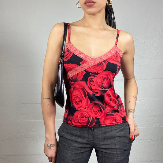 Vintage 90's Romantic Black Top with Maxi Roses Print (S)