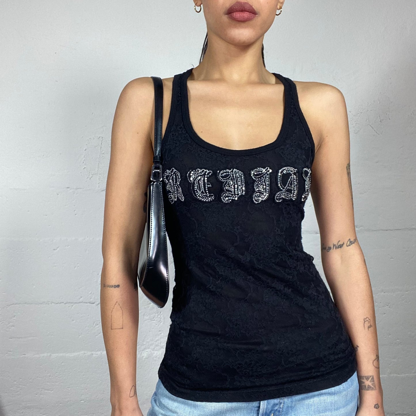 Vintage 2000's Downtown Girl Black Lace Top with Patched Typography Detail (S/M)