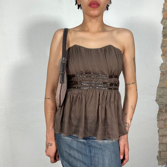 Vintage 2000's Sleaze Brown Staples Corset Top with Ruffle and Faux Leather Waist Detail (S/M)