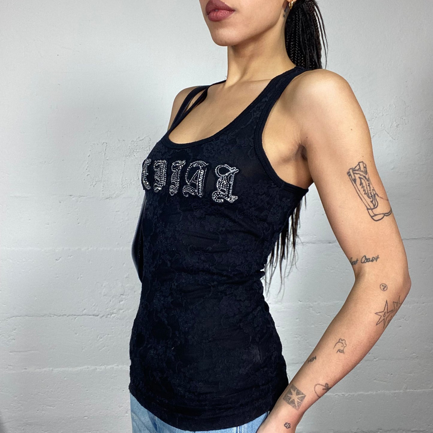 Vintage 2000's Downtown Girl Black Lace Top with Patched Typography Detail (S/M)