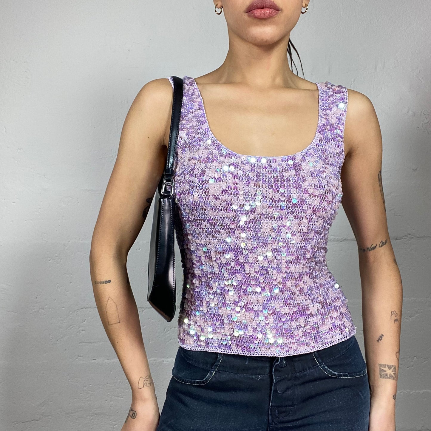 Vintage 2000's Festive Lilac Crochet Top with Sequins Covering Detail (S)