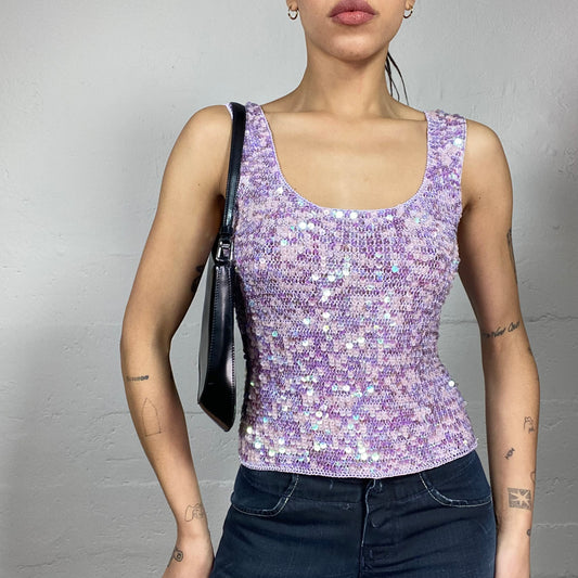 Vintage 2000's Festive Lilac Crochet Top with Sequins Covering Detail (S)