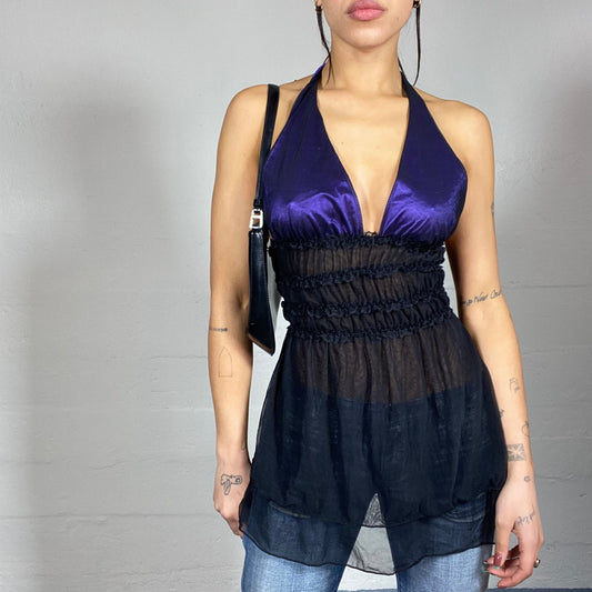 Vintage 2000's Clubwear Black Mesh Neckholder Top with Purple Satin Chest Detail (S)
