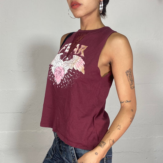 Vintage 2000's Sleaze Garnet Top with Winged Rose "Fear" Print and Lace Detail (S)