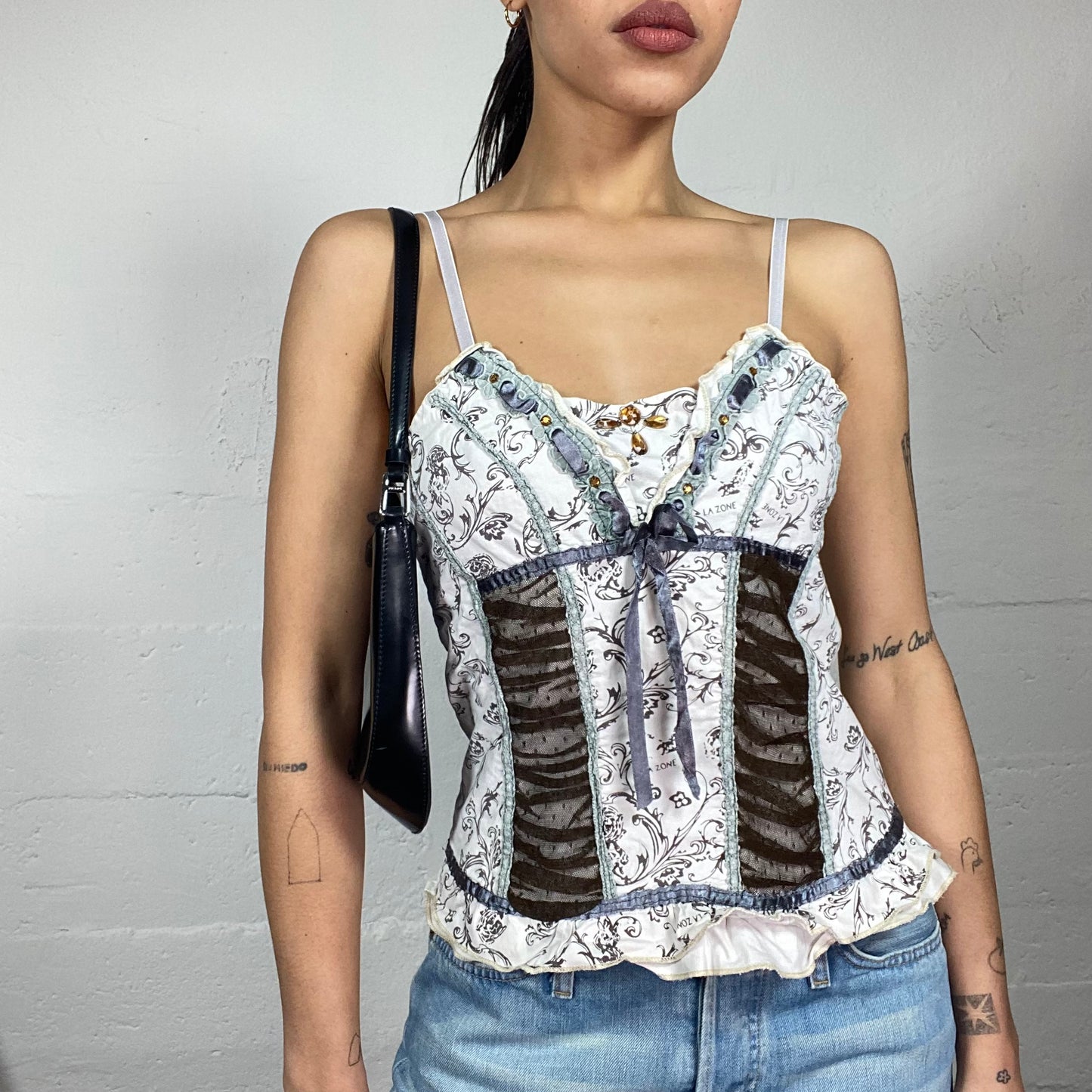 Vintage 2000's Romantic White Top with Mixed Material and Ribbon Detail  (M)