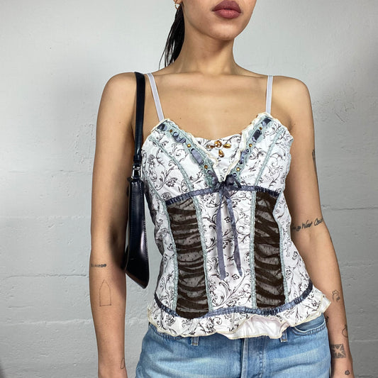 Vintage 2000's Romantic White Top with Mixed Material and Ribbon Detail  (M)