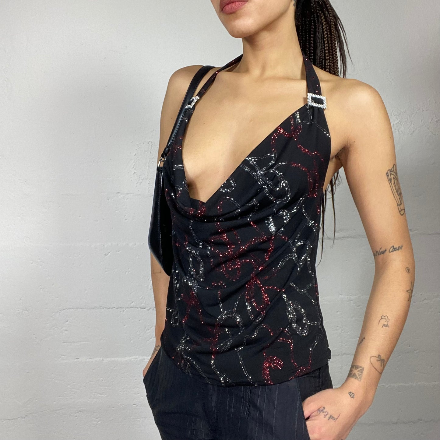 Vintage 2000's Clubwear Black Neckholder Top with Diamanté Strap Buckle and Glitter Chain Print (M)