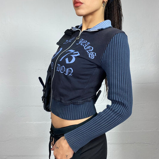 Vintage 2000's Pepe Jeans Downtown Girl Blue Zip-Up Hoodie with Ribbed Longlseeves and Gothic Typography Print (S)