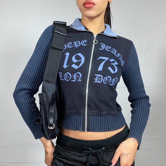 Vintage 2000's Pepe Jeans Downtown Girl Blue Zip-Up Hoodie with Ribbed Longlseeves and Gothic Typography Print (S)