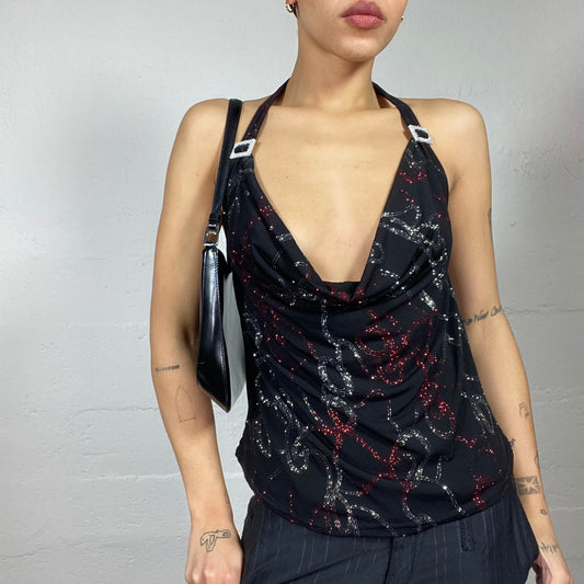 Vintage 2000's Clubwear Black Neckholder Top with Diamanté Strap Buckle and Glitter Chain Print (M)