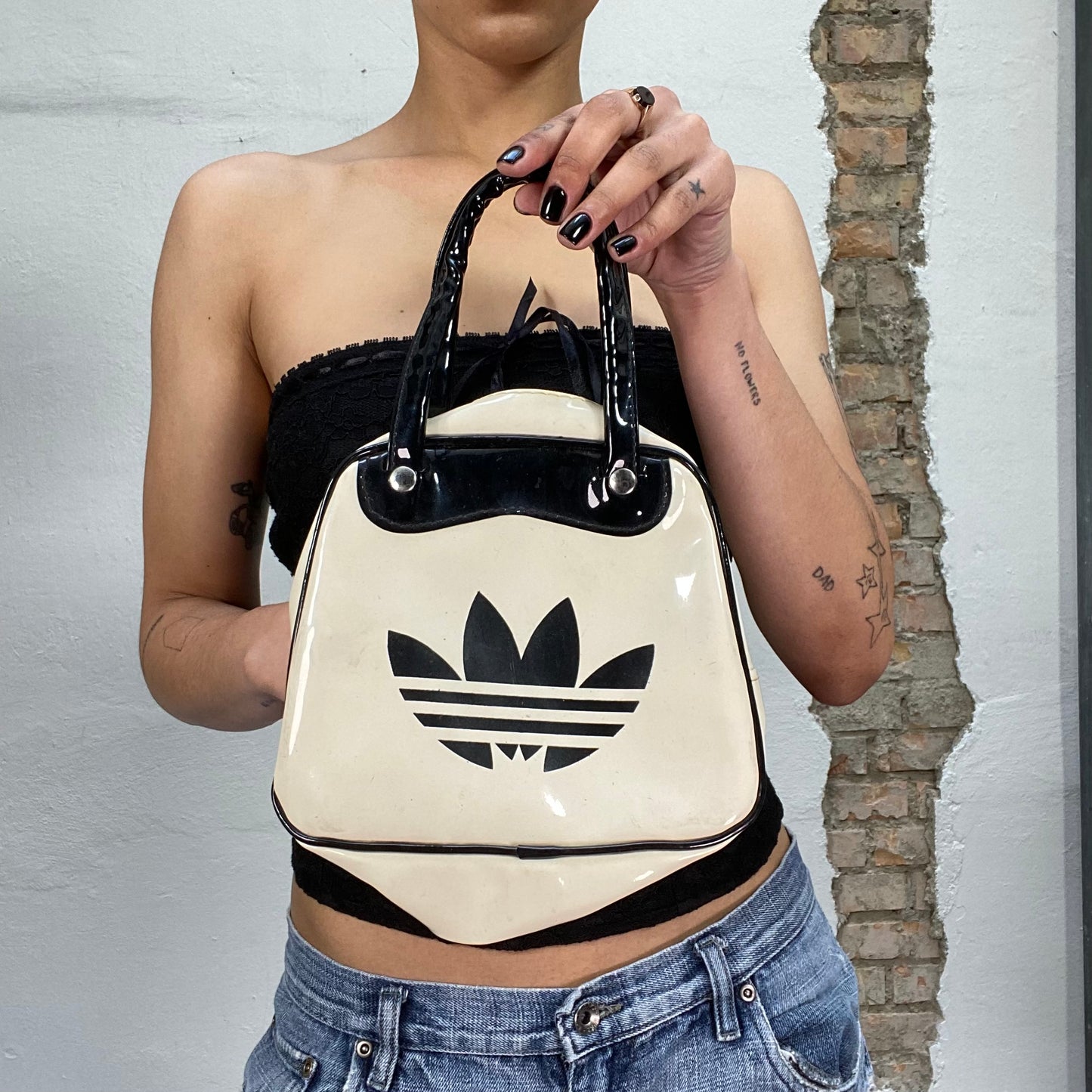 Vintage 2000's Adidas White Glossy Mini Handbag with Black Details