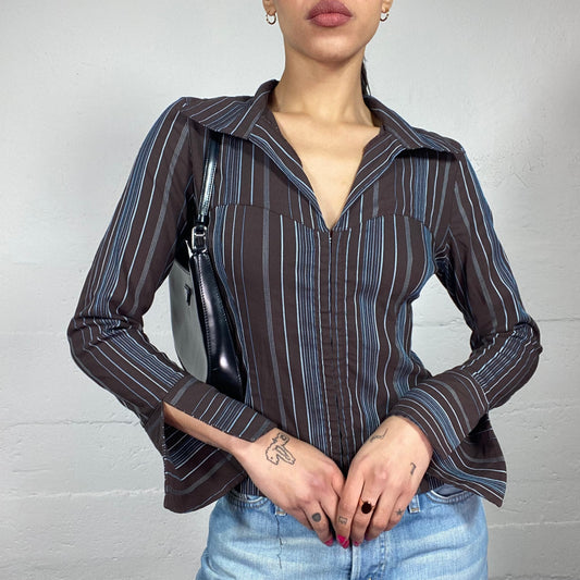 Vintage 2000's Indie Brown Shirt with Blue Stripes and Hooks (S)