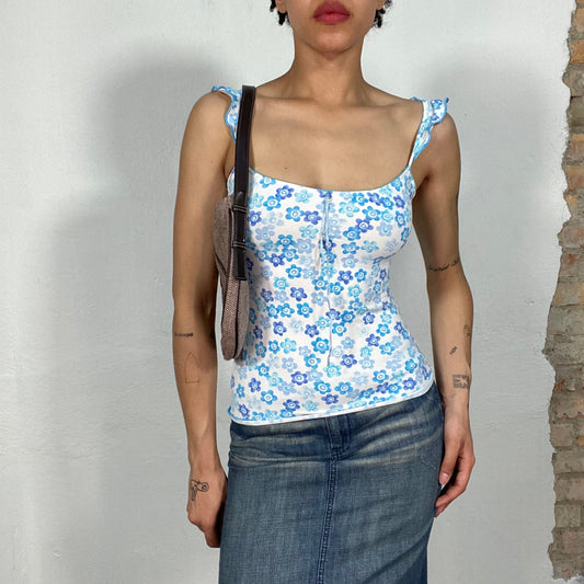 Vintage 2000's Summer White Top with Blue Floral Print (S)