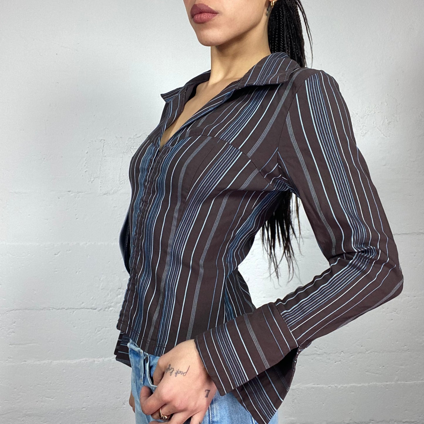 Vintage 2000's Indie Brown Shirt with Blue Stripes and Hooks (S)