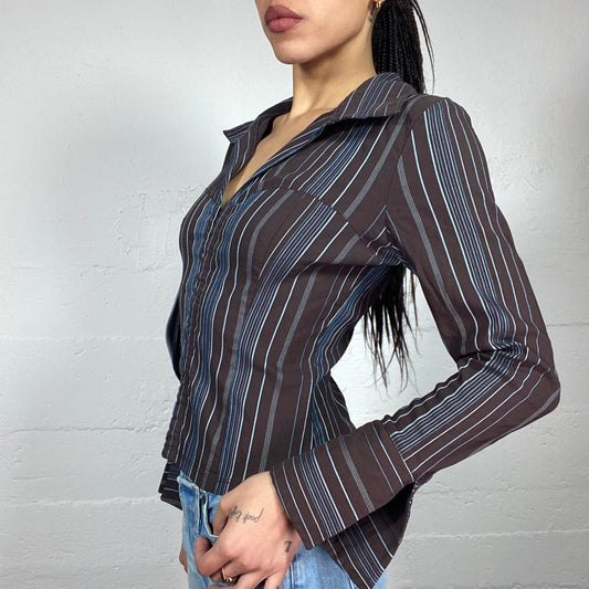 Vintage 2000's Indie Brown Shirt with Blue Stripes and Hooks (S)