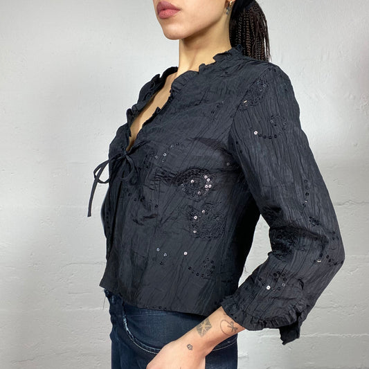 Vintage 90's Clubwear Black Lace Up Longsleeve Shirt with Floral Material Setoff & Sequins Detail (M/L)