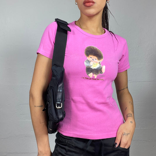 Vintage 2000's Cute Girl Pink Top with "Le Kiki de Tous les Kikis" Typography Print (S)