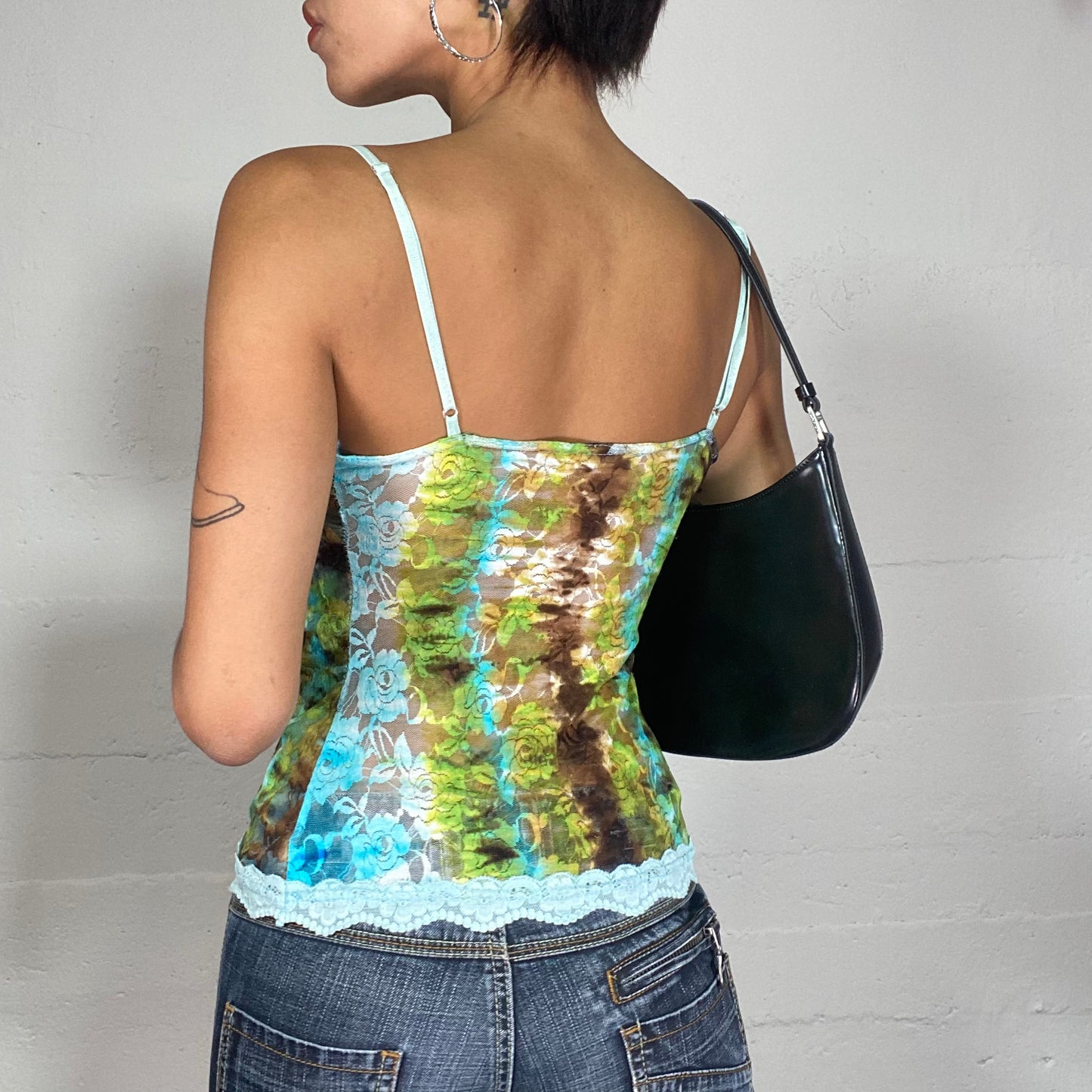 Vintage 2000's Downtown Girl Blue and Green Ombré Top with lace Trim Detail (S)