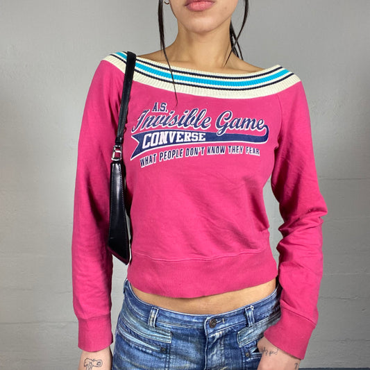 Vintage 2000's Converse Sleaze Pink Longsleeve Top with 'What People Don't Know They Fear' Cursive Print (M)