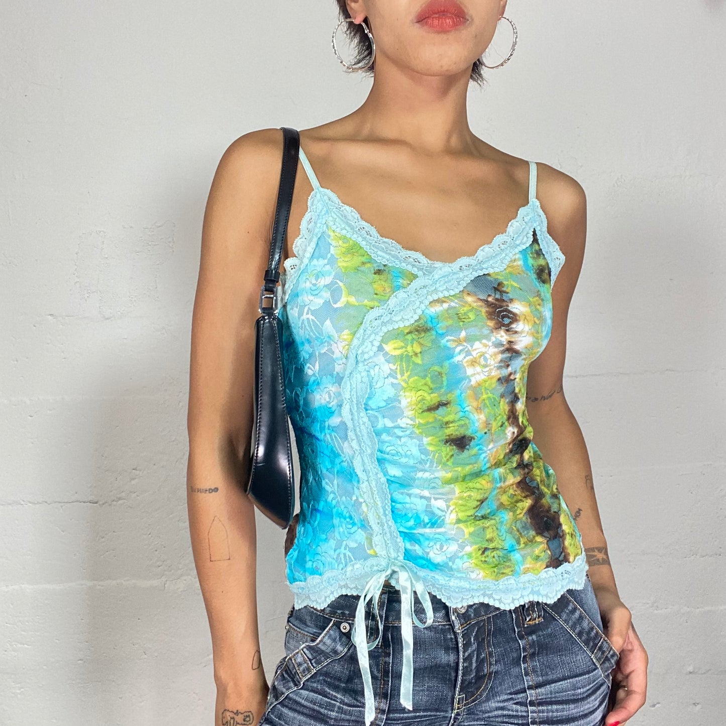 Vintage 2000's Downtown Girl Blue and Green Ombré Top with lace Trim Detail (S)
