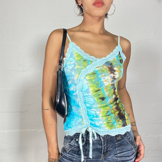 Vintage 2000's Downtown Girl Blue and Green Ombré Top with lace Trim Detail (S)