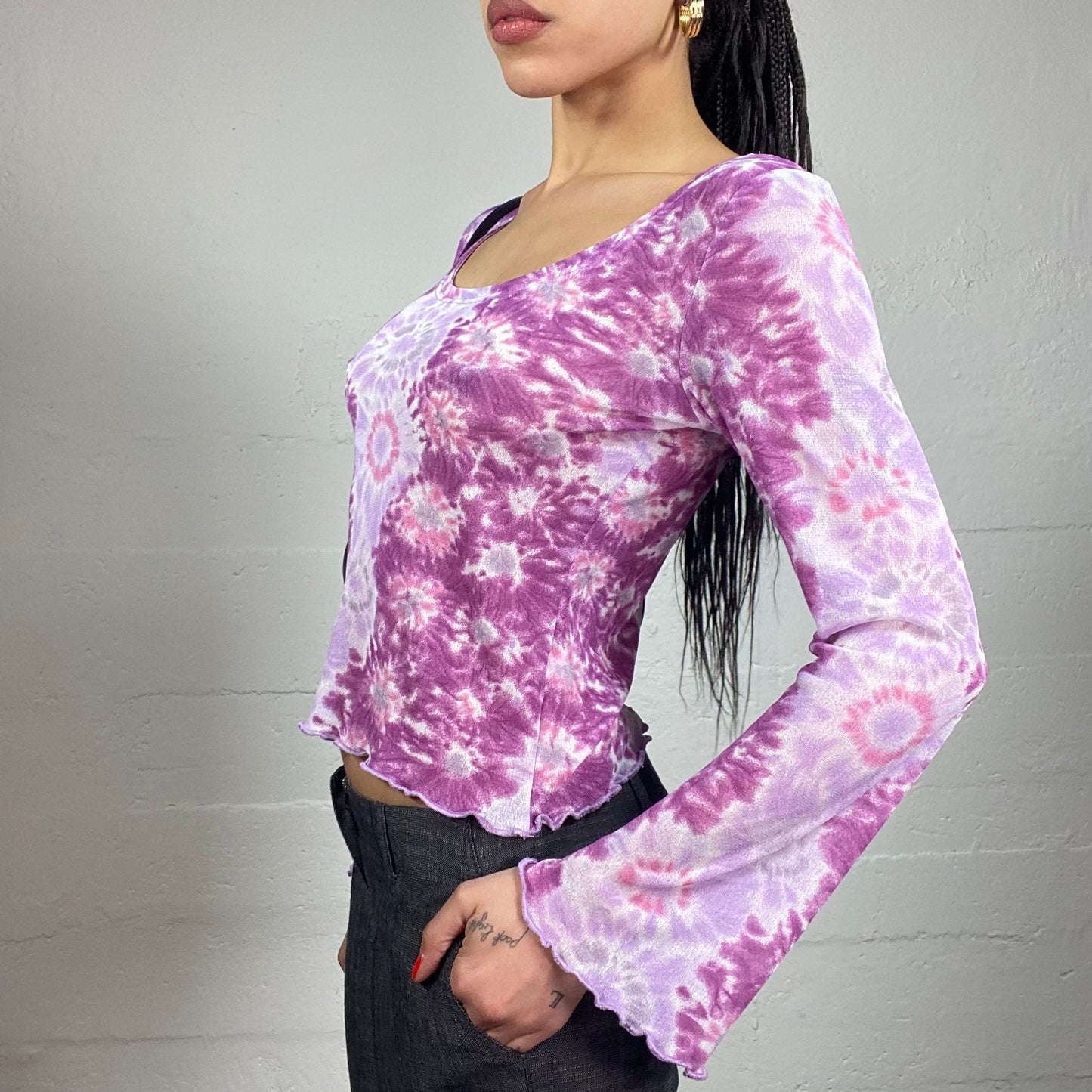 Vintage 90's Phoebe Buffay Purple Longlseeve Top with Tie Dye Print (S/M)