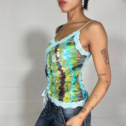 Vintage 2000's Downtown Girl Blue and Green Ombré Top with lace Trim Detail (S)