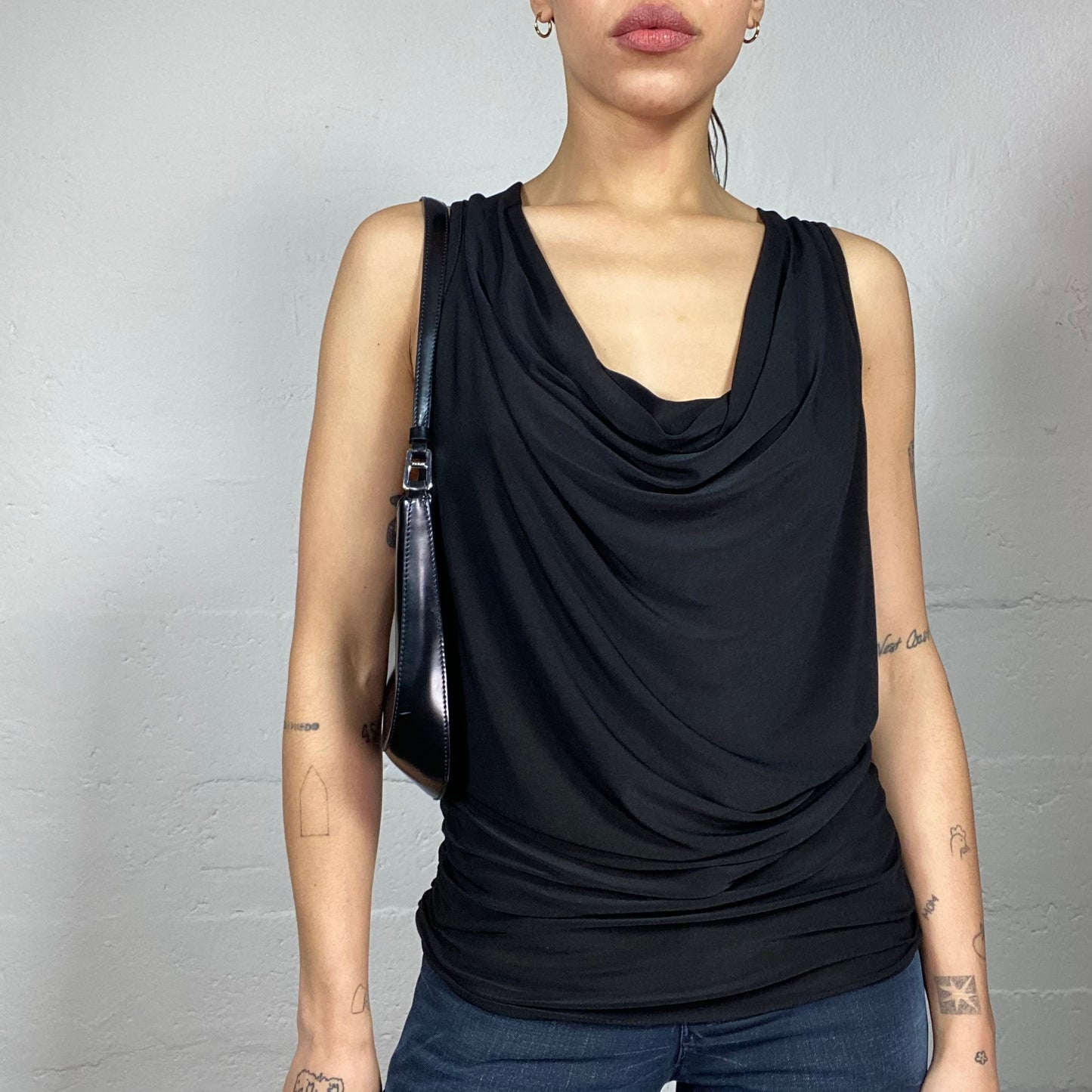 Vintage 2000's Clubwear Black Drapped Neckline Top with Ringed Open Back Detail (M)