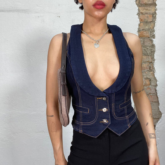 Vintage 2000's Indie Dark Denim Vest Top with Wide Open Collar and Buckle Detail Behind (S)