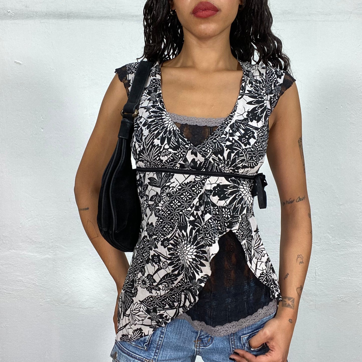 Vintage 2000's Fairy Black Layered Wrap Top with White Floral Print and Bow Detail (S)